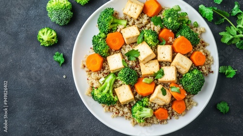 A healthy vegan meal with grilled tofu, quinoa, and fresh vegetables on a plate. Educating people about plant-based diets and nutritious diets