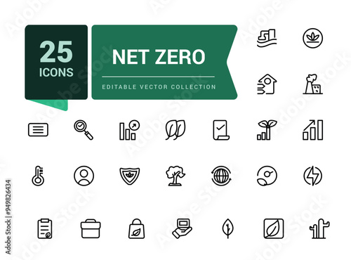 Net zero line icons set. Includes carbon footprint, co2 neutral, net zero, solar energy. Pixel perfect, minimalistic web and UI icon. Outline icon collections.
