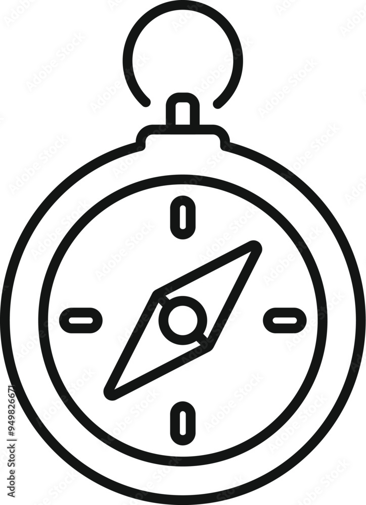 Black and white line art icon of a compass pointing north, giving direction for a hiker, traveler, or explorer Black and white line art icon of a compass pointing north, giving direction for a hiker, traveler, or explorer