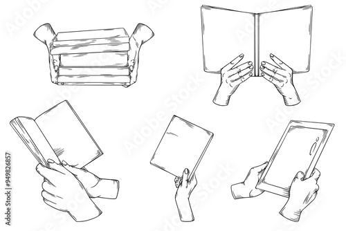 Books in Hands, Hand drawn Line Sketch Illustration Bundle