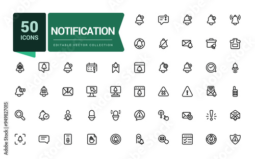 Notification line icon set. Contains such icons as mute, notice, notification bell and more. Pixel perfect, minimalistic web and UI icon. Outline icon collections.