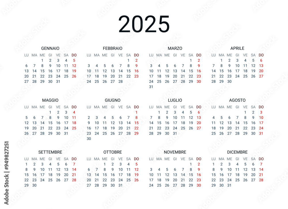 2025 year Italian calendar in Italian language. Classical, minimalistic