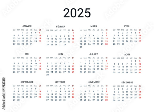 2025 year French calendar in French language. Classical, minimalistic, simple design. White background. Vector Illustration. Week starts from Monday.