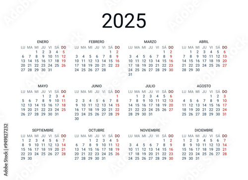2025 year Spanish calendar in Spanish language. Classical, minimalistic, simple design. White background. Vector Illustration. Week starts from Monday.