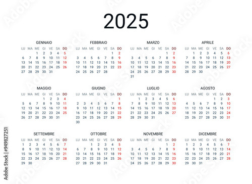 2025 year Italian calendar in Italian language. Classical, minimalistic, simple design. White background. Vector Illustration. Week starts from Monday.