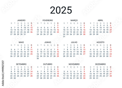 2025 year Portuguese calendar in Portuguese language. Classical, minimalistic, simple design. White background. Vector Illustration. Week starts from Monday.