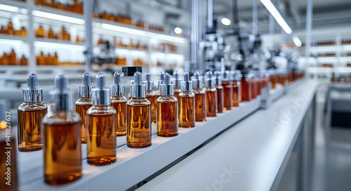 A Photograph of Bottles Filled with Amber Liquid on the Production Line of a Beverage Factory, Showcasing the Bottling Process, Precision, and Cleanliness of Modern Manufacturing, Perfect for Represen