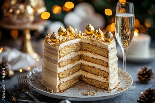 New Yearâ€™s Eve Champagne Cake, A celebratory cake infused with champagne, often decorated with gold accents to mark the new year in style.  photo