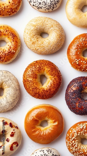 Different Types of Bagels on a White Backgroundbagel sandwich in bakery shop,London style bagels,Homemade freshly plain,onion bagels,space for text.Selective focus.