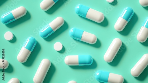 White and blue capsules on blue background,Medicines to combat the epidemic and viruses,tablet grid,Drug, tablet, pills,Global healthcare concept. Antibiotics drug resistance,Pharmaceutical industry.