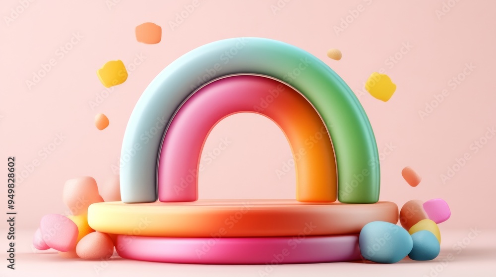 Toy vector illustration: 3D pink baby pacifier ring with rainbow and yellow plastic toy, baby gel Toy vector illustration: 3D pink baby pacifier ring with rainbow and yellow plastic toy, baby gel