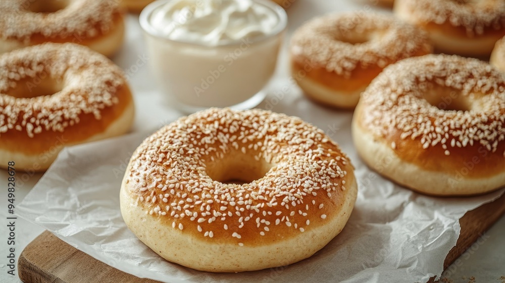 Homemade freshly baked bagels on a parchment paper ready to eat, plain bagels and sesame seeds bagels with cream cheese,london bagels,Homemade freshly onion bagels,space for text. Homemade freshly baked bagels on a parchment paper ready to eat, plain bagels and sesame seeds bagels with cream cheese,london bagels,Homemade freshly onion bagels,space for text.