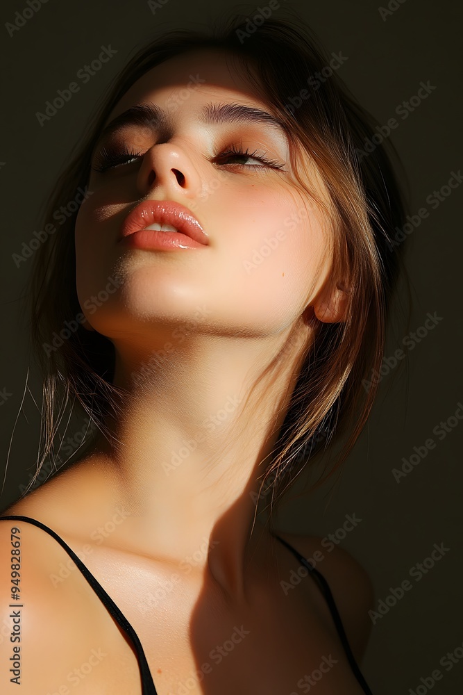 Close up Portrait of Young Woman with Sunlit Skin and Eyes Closed Close up Portrait of Young Woman with Sunlit Skin and Eyes Closed
