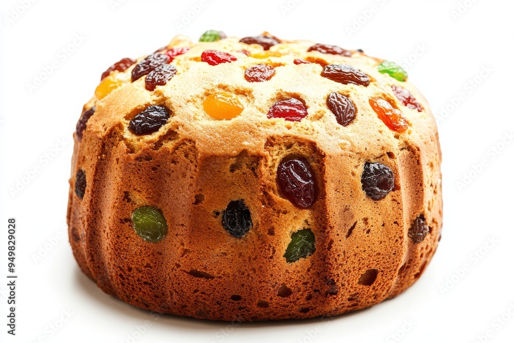 Panettone, An Italian sweet bread-like cake, studded with candied fruits and raisins, often served during Christmas and New Year. Isolated on White Background Panettone, An Italian sweet bread-like cake, studded with candied fruits and raisins, often served during Christmas and New Year. Isolated on White Background