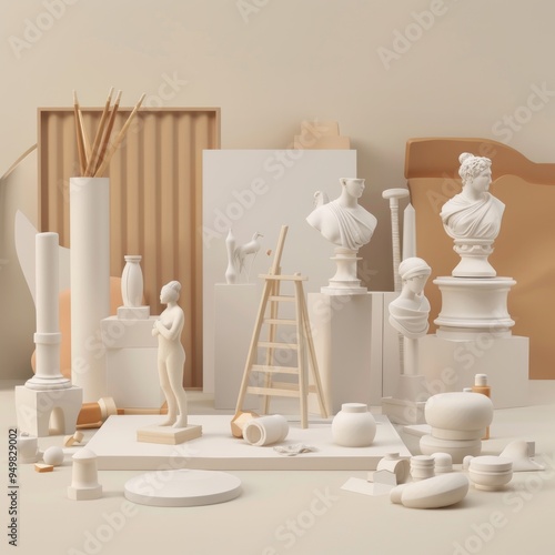 Minimalist studio scene with statues, easel, and art supplies.