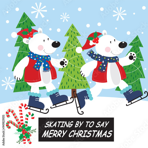 Christmas card design with polar bear skating