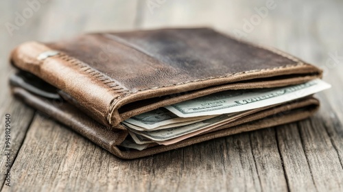 Old brown leather wallet with paper money and credit cards, isolated on white background