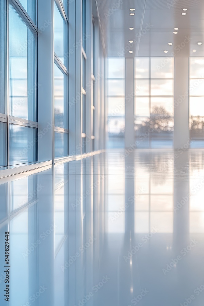 Modern Sunlit Office Space with Large Windows and Reflective Floor at Sunset Modern Sunlit Office Space with Large Windows and Reflective Floor at Sunset