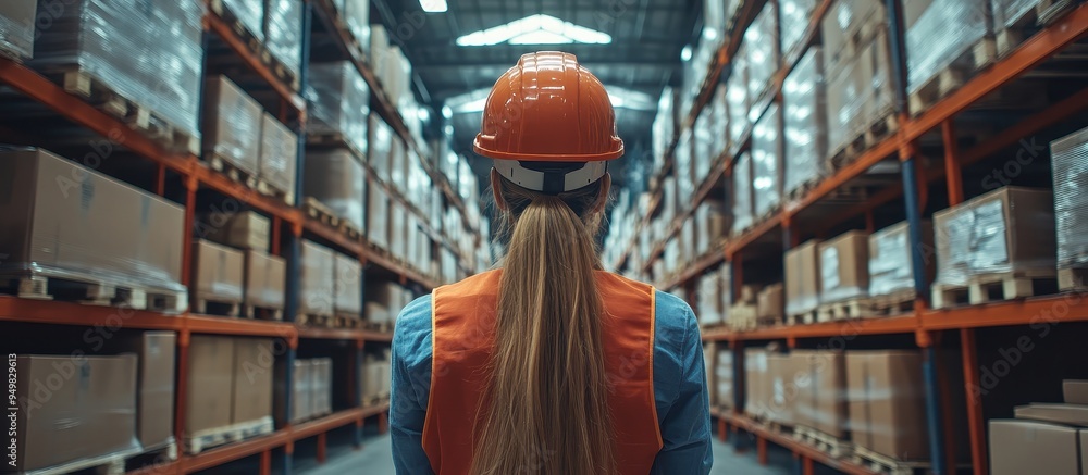 Warehouse Worker in Safety Gear Inspecting Inventory in a Large Industrial Storage Facility Warehouse Worker in Safety Gear Inspecting Inventory in a Large Industrial Storage Facility