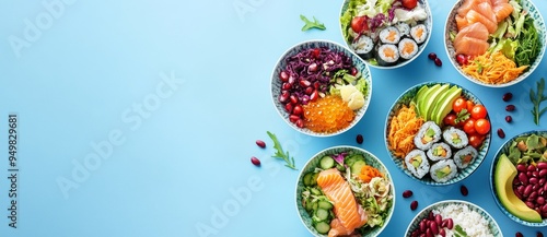 The above image shows various types of poke bowls against a blue background.