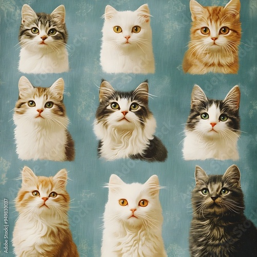 Captivating Collection of Worldwide Feline Portraits with Tender Dusty Blue Backdrop