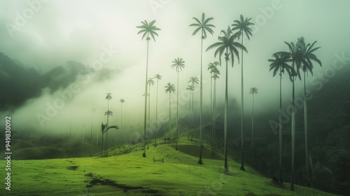 Misty valley with tall palm trees and green hills. photo