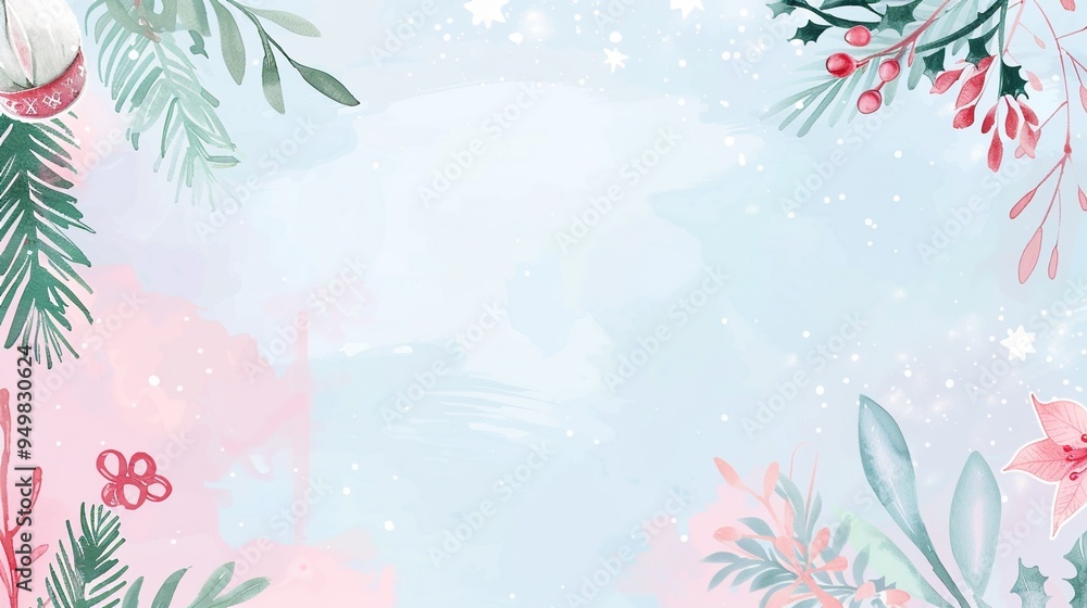 Delicate Watercolor Christmas Backgrounds: Light Pink & Blue with Pine, Snowflakes, and Pink Flowers Delicate Watercolor Christmas Backgrounds: Light Pink & Blue with Pine, Snowflakes, and Pink Flowers