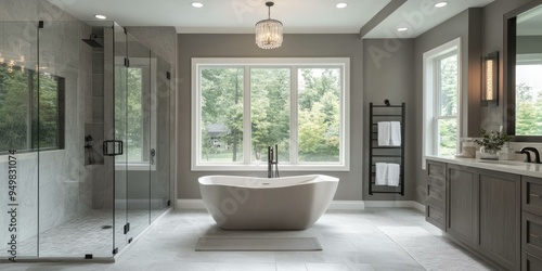 Modern bathroom with a freestanding tub and shower.