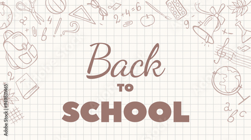 Back to school, online school banner, poster. School supplies on the background of a checkered paper, vector illustration