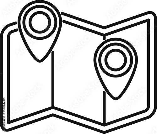 Two location pins are marking a specific point on a folded paper map