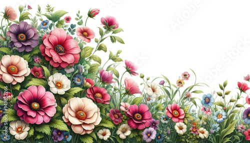 Greeting, Invitation, celebration, congratulation card, flowers blooming in garden. Decoupage illustration