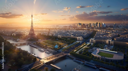 Aerial View of Paris at Sunset with the Eiffel Tower