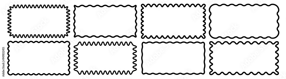 Cloudy wave curve edge frame set black color wavy scalloped doodle drawn style for decoration, funky zigzag vector Cloudy wave curve edge frame set black color wavy scalloped doodle drawn style for decoration, funky zigzag vector