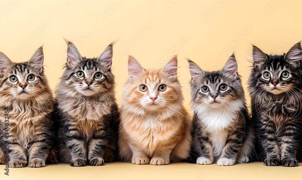 Variety of Domestic Cat Breeds Sitting Together on Pale Yellow Background Variety of Domestic Cat Breeds Sitting Together on Pale Yellow Background