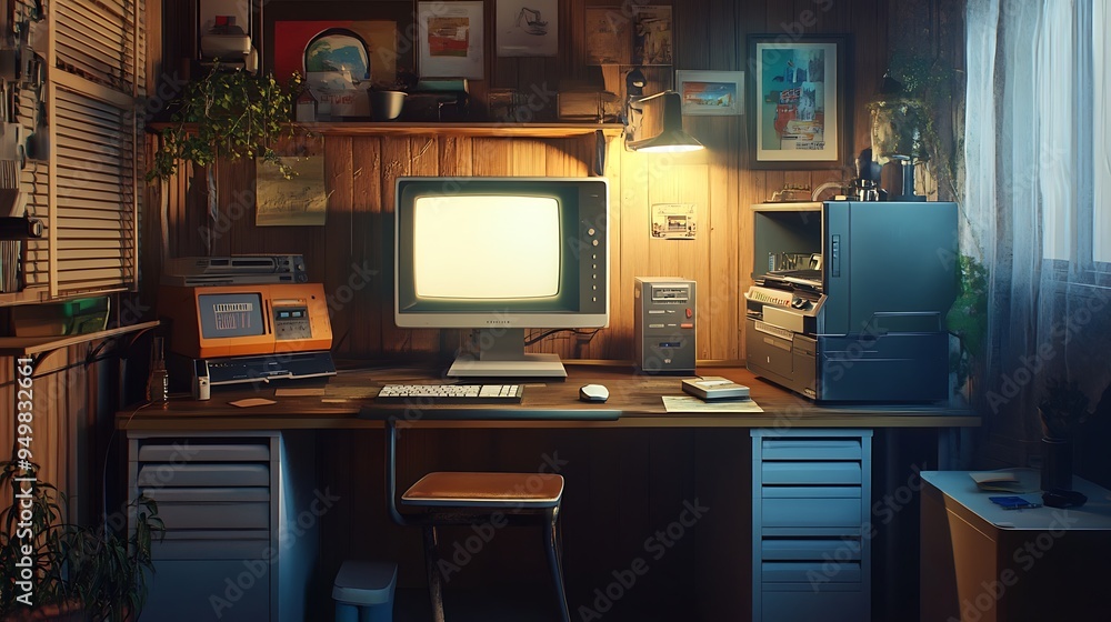 Cyberpunk Workstation with Cityscape View Cyberpunk Workstation with Cityscape View