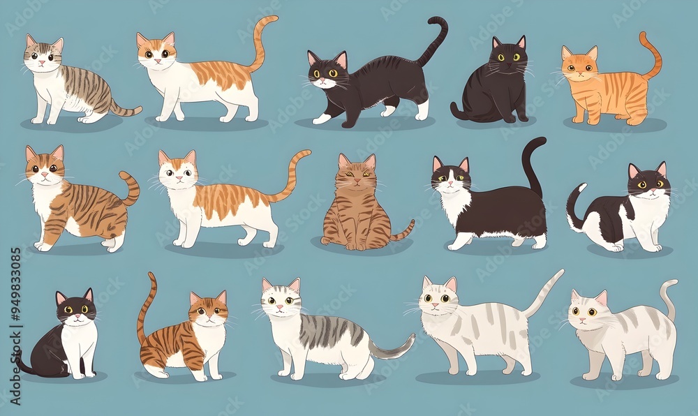 Diverse Collection of Adorable Cartoon Style Cats in Various Breeds and Colors Against a Baby Blue Background Diverse Collection of Adorable Cartoon Style Cats in Various Breeds and Colors Against a Baby Blue Background