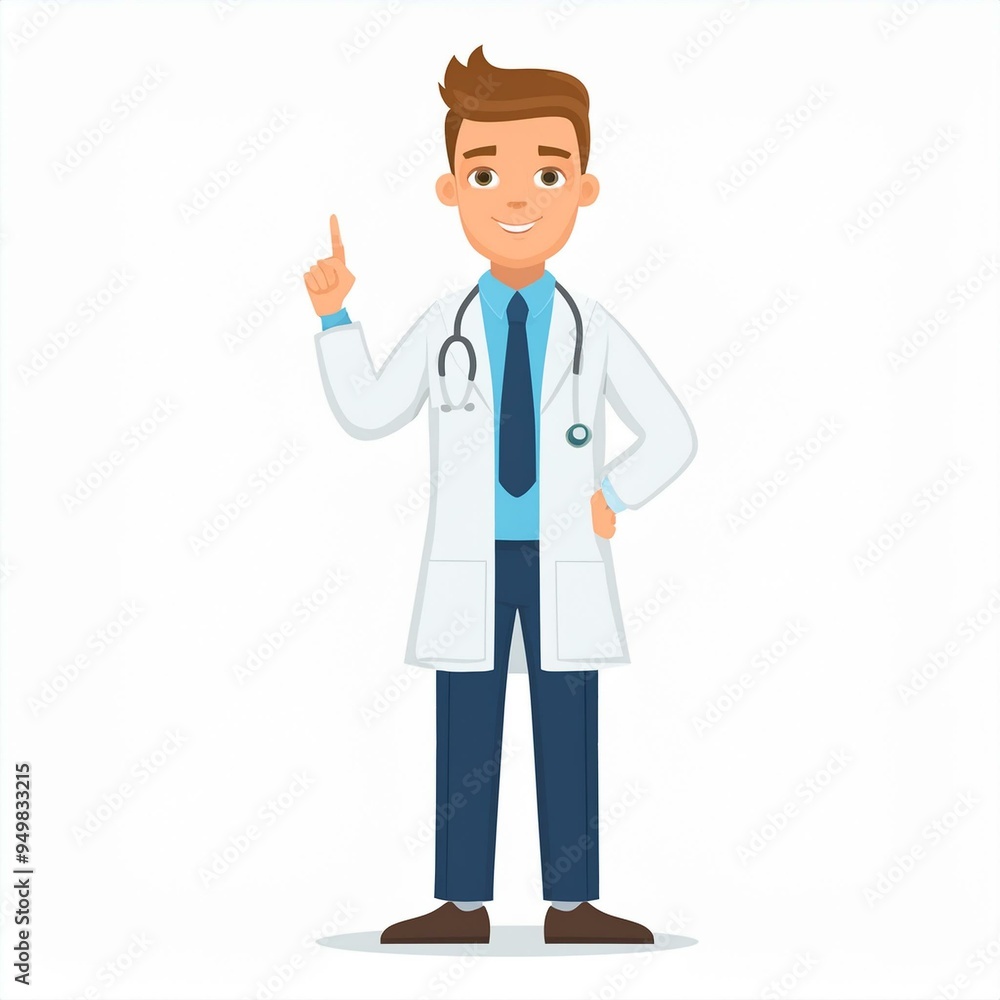 Doctor, medicine, healthcare concept. Young smiling man doctor therapist in white uniform cartoon character standing and showing having idea with finger. Medicare, therapist, pharmacist illustration Doctor, medicine, healthcare concept. Young smiling man doctor therapist in white uniform cartoon character standing and showing having idea with finger. Medicare, therapist, pharmacist illustration
