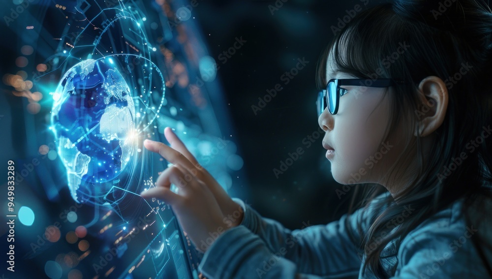 Fototapeta premium Young Girl Interacting with Digital Globe