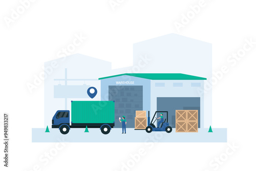 Warehouse Crew Unloading Goods from Trucks. Illustration