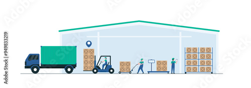 Warehouse Crew Unloading Goods from Trucks. Work process in wholesale distribution and logistic center. Illustration