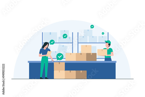 Warehouse Staff Conducting Inventory Audit Thoroughly. Illustration