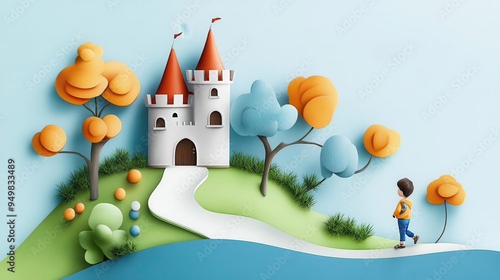 Fototapeta premium Childhood adventure flat design top view fantasy theme cartoon drawing Triadic Color Scheme