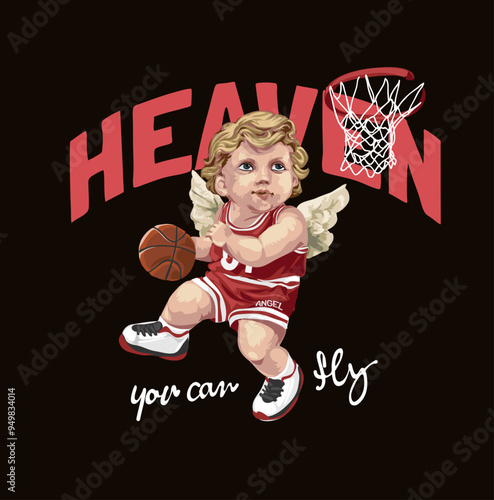 heaven slogan with boy angel basketball player vector illustration