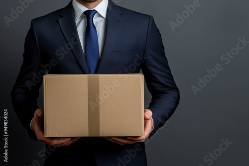 Getting fired. Cropped image of handsome businessman in formal wear holding a box with his stuff, on gray background.generative ai