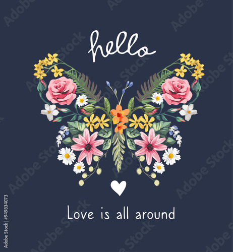 love slogan and colorful flowers in butterfly shape vector illustration