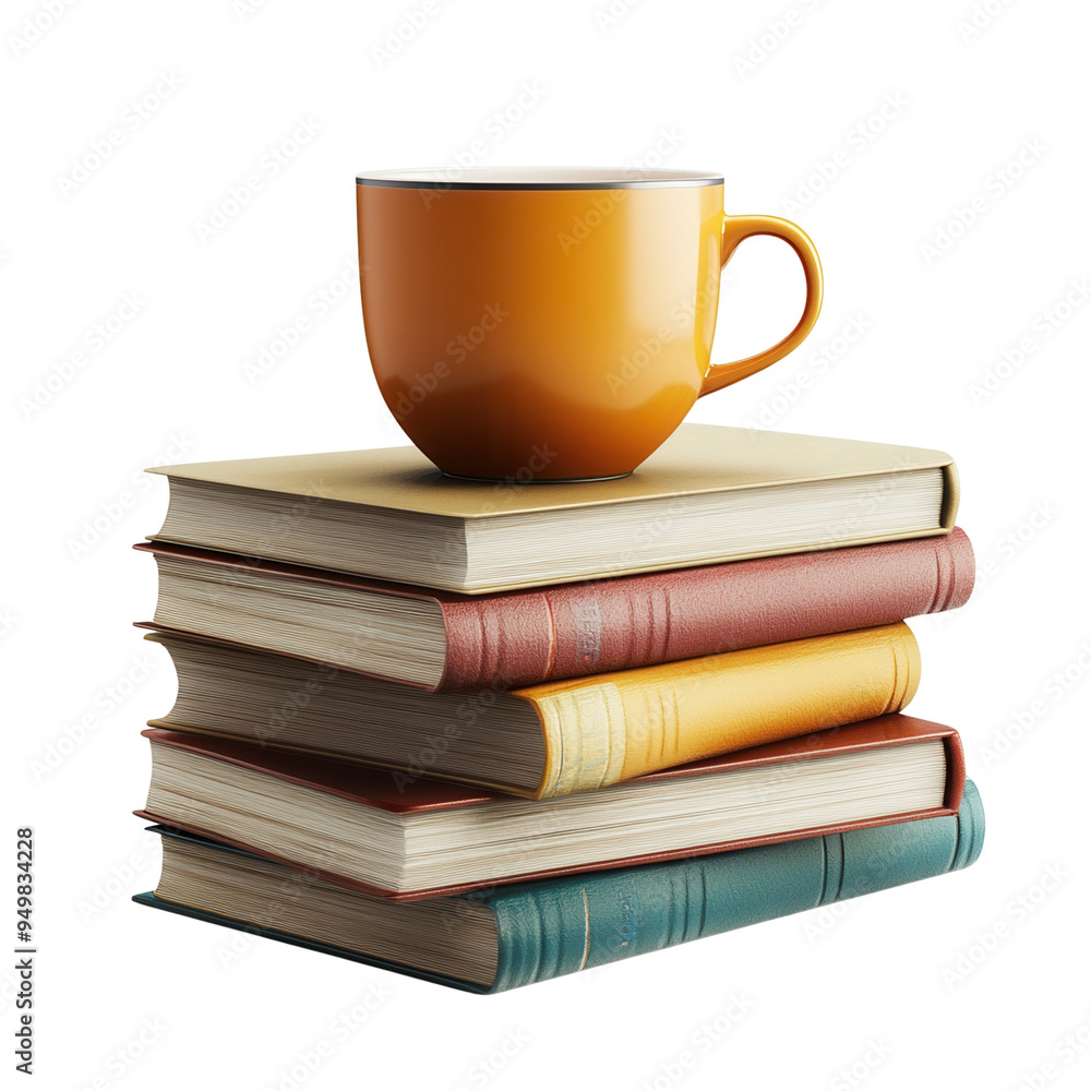 A stack of books with a yellow coffee cup on top, creating a cozy and inviting reading atmosphere. A stack of books with a yellow coffee cup on top, creating a cozy and inviting reading atmosphere.