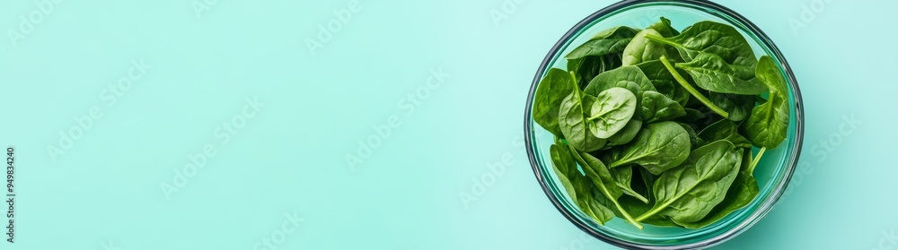 In a clear bowl, spinach leaves are presented in vibrant green colors against a soft blue background. In a clear bowl, spinach leaves are presented in vibrant green colors against a soft blue background.
