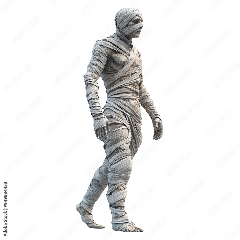 A wrapped mummy walking with an eerie presence, perfect for Halloween and horror-themed designs and projects. A wrapped mummy walking with an eerie presence, perfect for Halloween and horror-themed designs and projects.