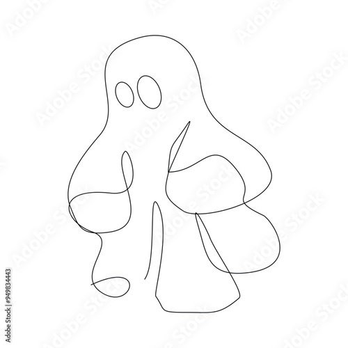 Continuous single line sketch drawing of Halloween  ghost costume theme autumn mood horrible restless soul fears one line vector illustration