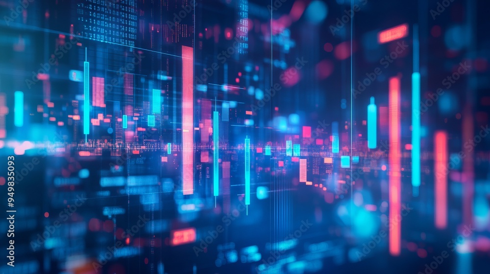 Insight into stock market expansion, business investments, and data analytics, illustrated with digital charts, graphs, and indicators on a blurred dark blue background Insight into stock market expansion, business investments, and data analytics, illustrated with digital charts, graphs, and indicators on a blurred dark blue background